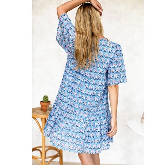 Emerson Fry Dress Womens Medium Large Blue Floral Tiered Ruffle V-Neck Boho - Picture 2 of 6